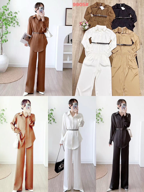 Two Piece Satin Collar Shirt With Trouser (Belt)